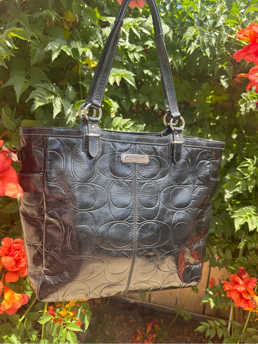 Coach Black Embossed Signature Leather Tote
